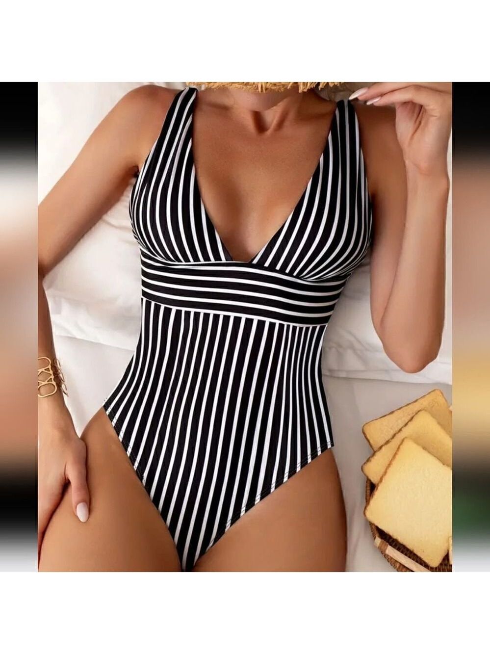 Striped Tummy Control Deep V One Piece Swimsuit Black and White Sizes S, M, XL